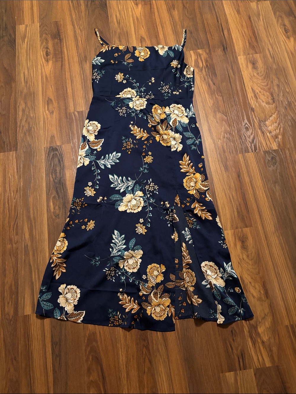 Navy Floral Spaghetti-Strap Midi Dress